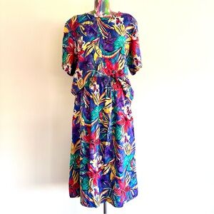 🌺VINTAGE Sag Harbor Tropical Floral Print Bright Midi Skirt Top Set